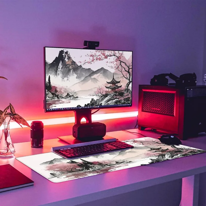 Kirschblüten-Mauspad, großes Gaming-Mauspad, Schreibtischunterlage, Tastatur-Mauspad, rutschfeste Gummiunterseite und genähte Kante, Heimbüro