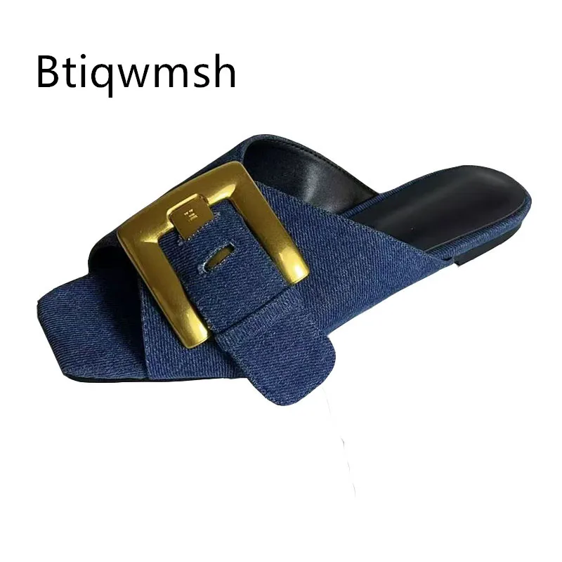 

Blue Denim Slippers Woman Open Toe Gold Buckle Decor Flat Shoes Lady Sexy Gladiator Sandals