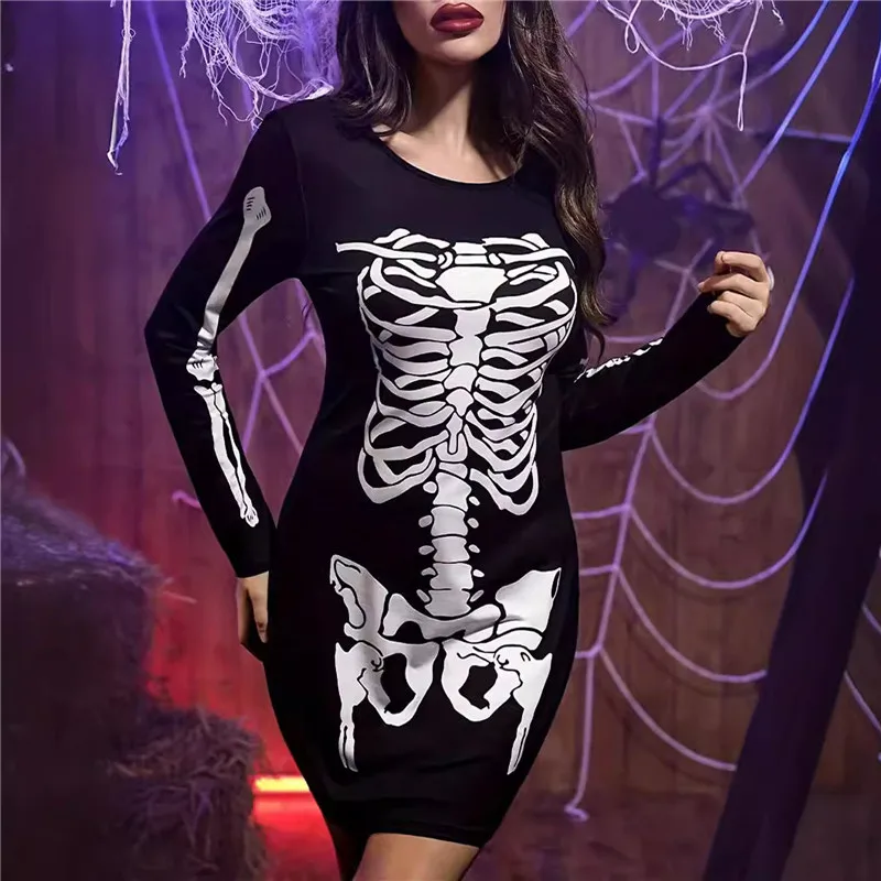 Esqueleto estampado feminino de Halloween Vestido curto, engraçado, manga comprida, gola redonda, ajuste fino, bodycon, vestidos midi para festa, cosplay, 2025