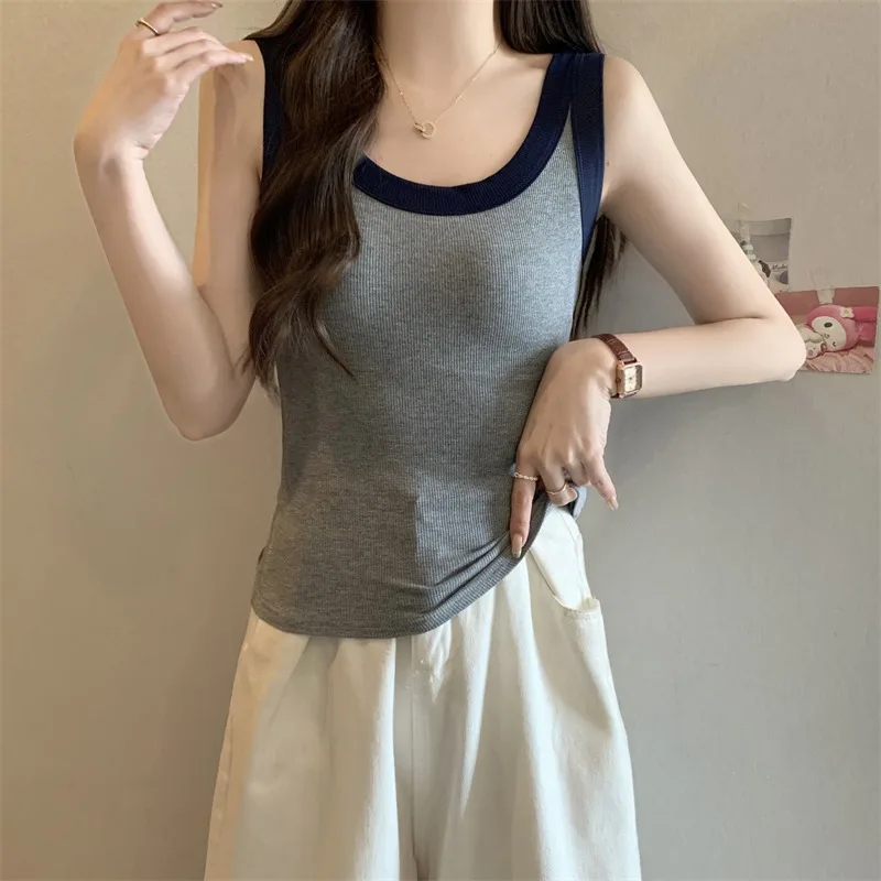 Color Collision Tanks Women New Summer Korean Style Casual Daily Knitted Camisole Office Lady Versatile Solid Color Tops Female