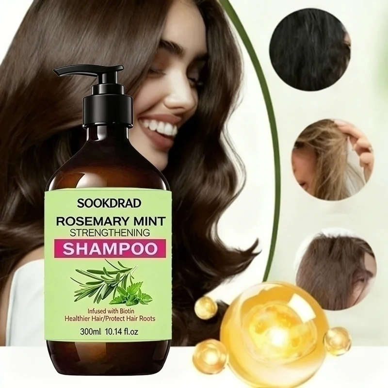 Shampoo à la menthe et au romarin avec biotine, nourrit le cuir chevelu, apaise les démangeaisons, 10,14 fl.oz pour cheveux fragiles