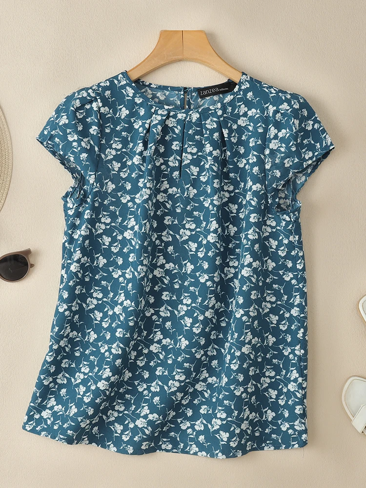 

ZANZEA Повседневные блузки с цветочным принтом и короткими рукавами-крылышками, вырез в виде замочной скважины, женская дневная одежда Blusas de Mujer