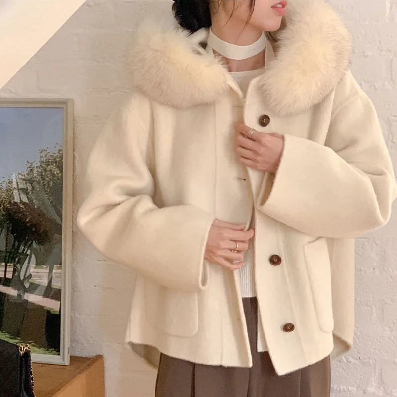 

2025 New Hooded Wool Women's Coat Jacket Single breasted Wool Leather Collar Pocket Women's Jacket Street Autumn Wear Women