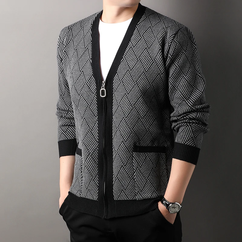 

Осень/зима 2022, вязаный кардиган, мужской модный брендовый простой повседневный теплый жаккардовый пиджак с ромбовидной сеткой, мужская одежда