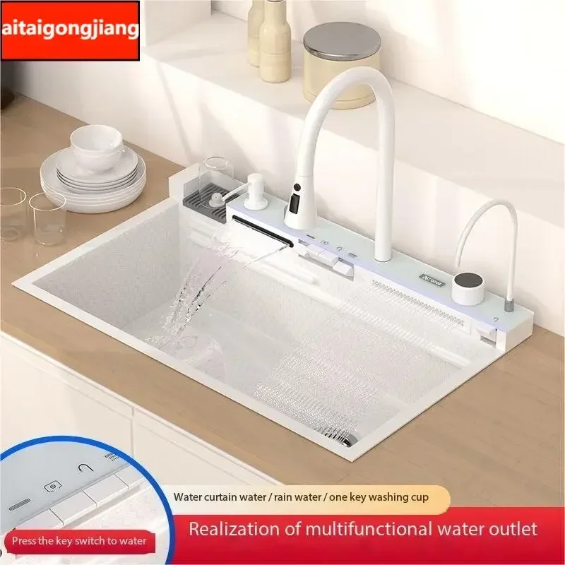 Whole Set Modern New Nano Anti-Scratch Waterfall Stainless Steel Kitchen Sink Multifunction Big Single Bowl White Kitchen Sink