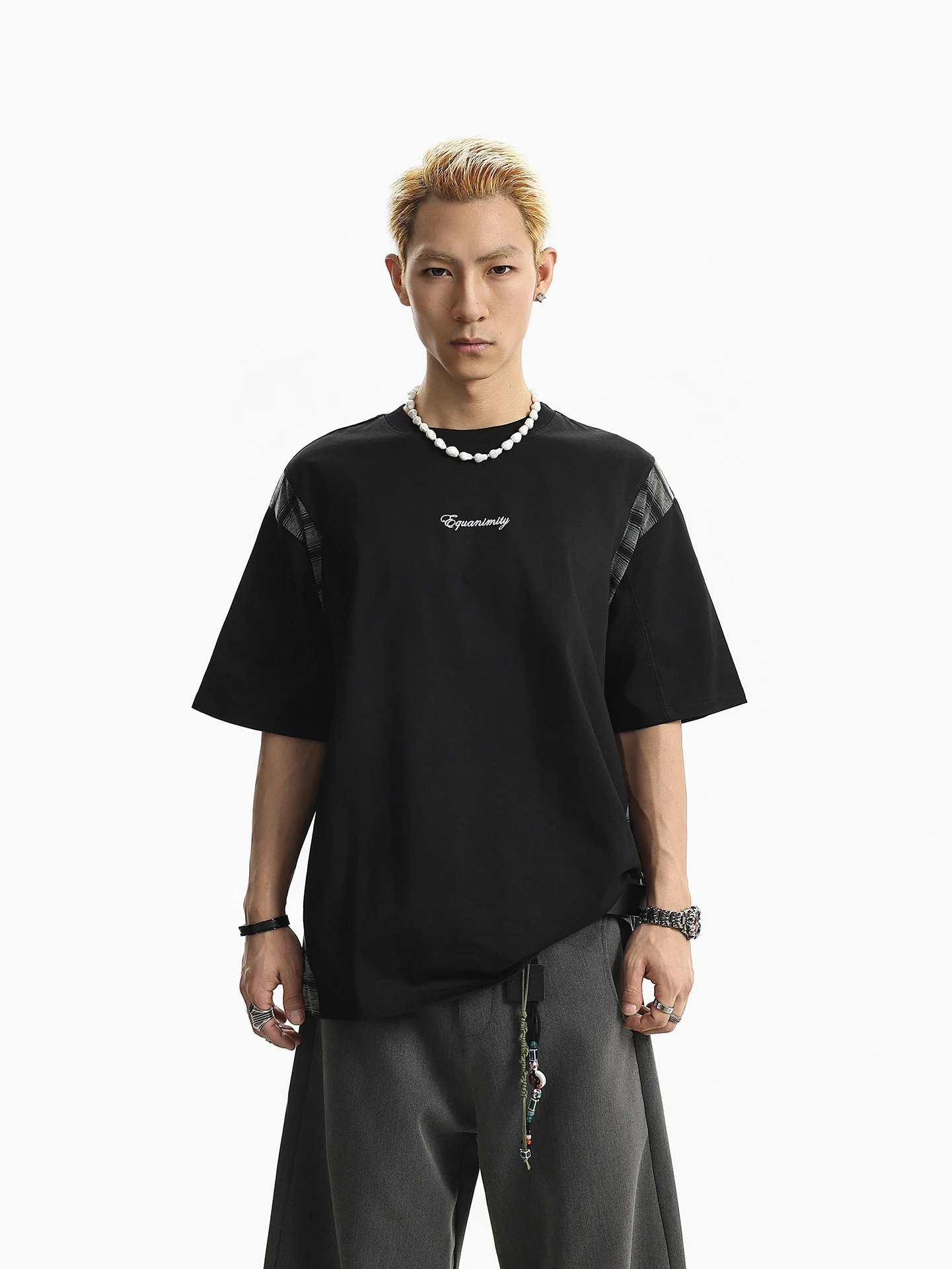 

BETEBULE American Retro Letter Embroidery Deconstructed Stripe Patchwork round Neck Short Sleeve T-Shirt Men Summer Loose Top