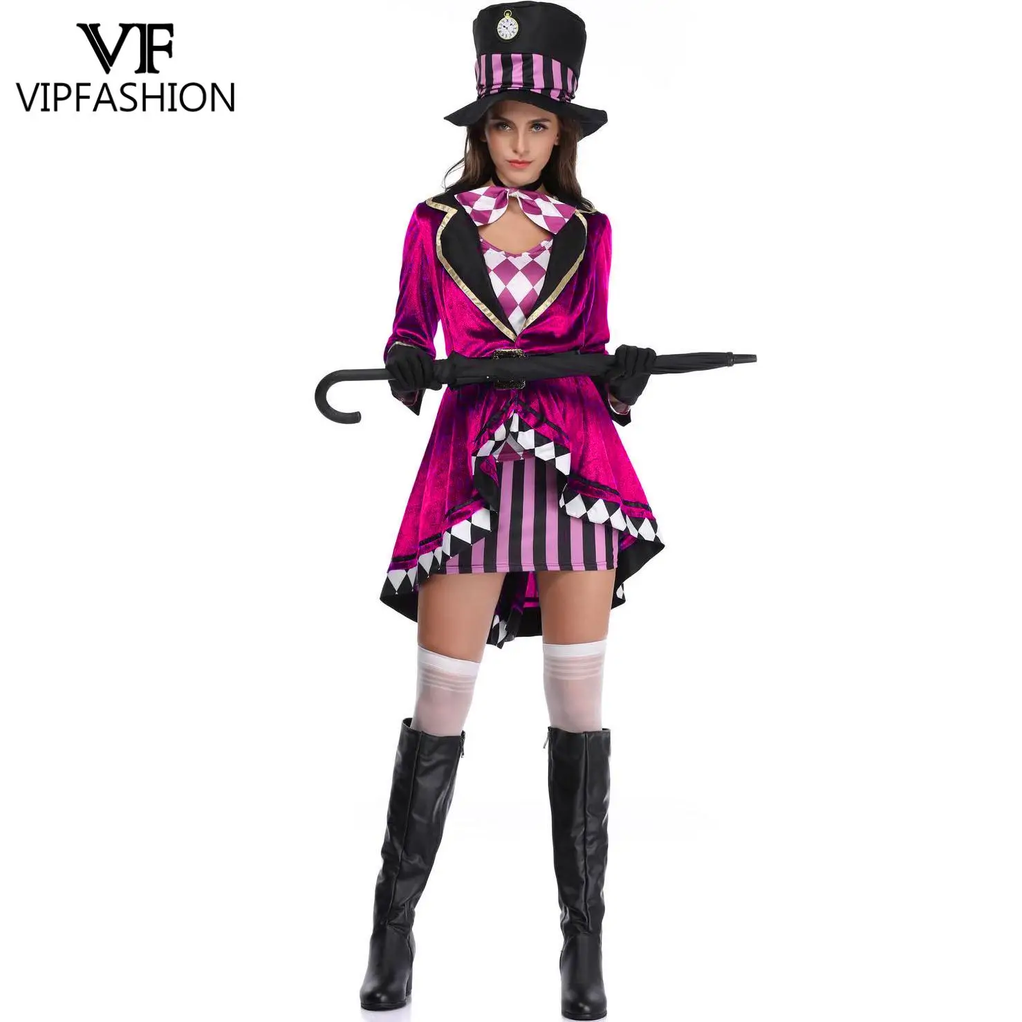 VIP FASHION Alice hechicera disfraz de Halloween mago de circo traje de actuación ropa de fiesta elegante con sombrero vestido Medieval