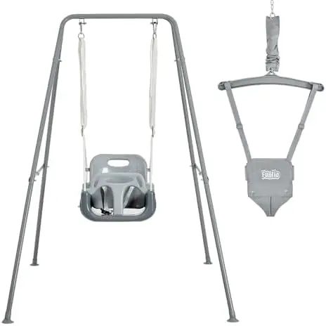 2 in 1 Swing Set for Toddler & Baby Jumper, Heavy Duty Kids Swing & r with 4 Sandbags, Foldable Metal Stand for