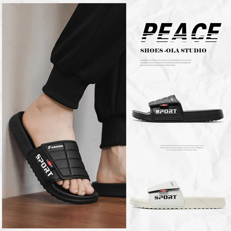 

Men's Quilted Slide Slippers with Hook and Loop Closure, Sport Fashion Logo, Lightweight Comfort Indoor Home Shoes House Room