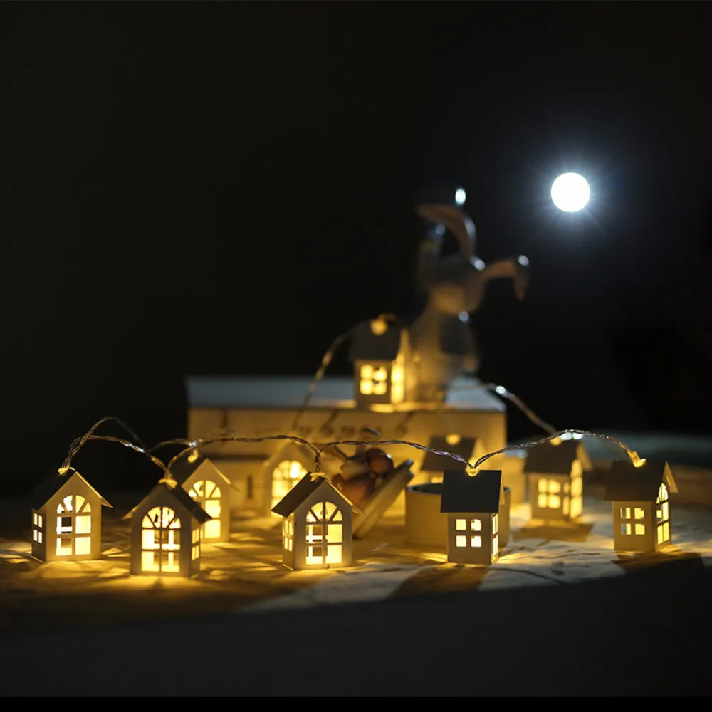 Batteriebetriebene kleine Holzhaus-Girlande, Weihnachtsbeleuchtung, Neuheit, 2 m, 10 LEDs, Lichterkette für Party, Hochzeit, Urlaubsdekoration