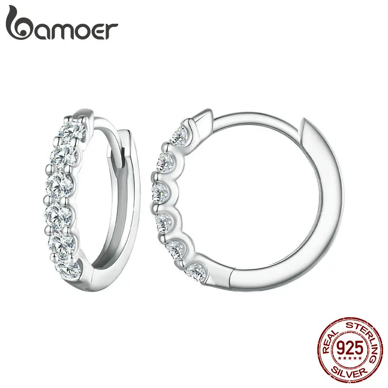 Bamoer Dazzling Classic Moissanite Ear Buckles 925 Sterling Silver Hoop Earrings for Women Engagement & Wedding Jewelry Gift