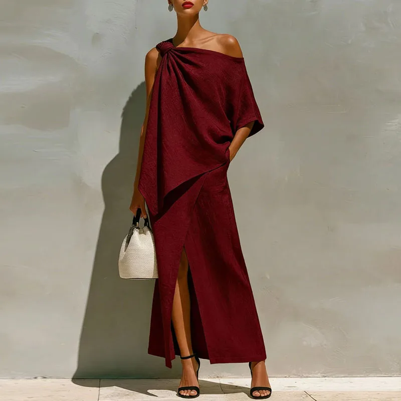 New Boho Chic Solid Two Piece Sets Woman One Shoulder Flowy Top & Split Maxi Skirt Suit For Beach Party Vacation Casual Outfits