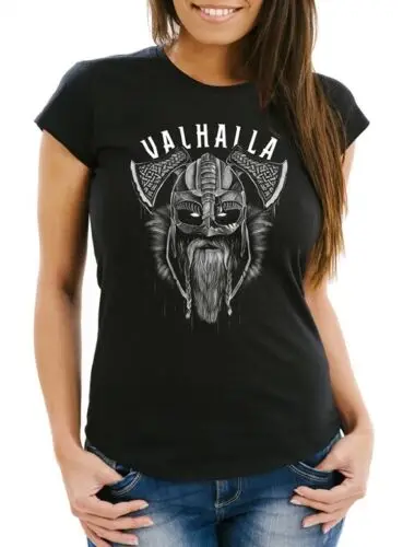 Damen T-Shirt Aufdruck Valhalla Wikinger Helm Odin Krieger Fashion