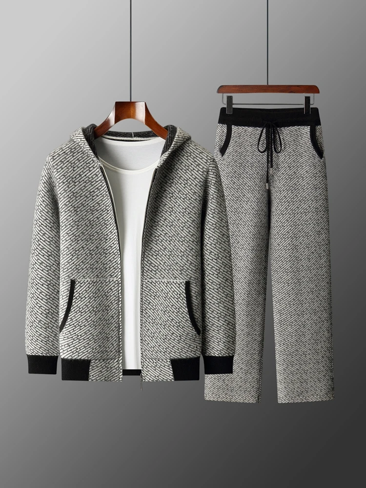 

CHICUU осень зима мужской 100% шерсть вязаный кардиган пальто широкие брюки жаккардовый толстый кашемировый свитер брюки умный повседневный