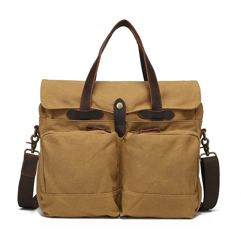 Multi-Pocket Laptop Messenger Bag with Crazy Horse Leather Handles Detachable Shoulder Strap Spacious Bag Waxed Canvas Briefcase