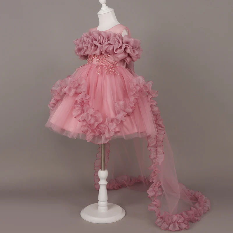 Kids Dress For Girls Ruffles Sleeve Flower Girl Gown Purple Birthday Evening Party Costume