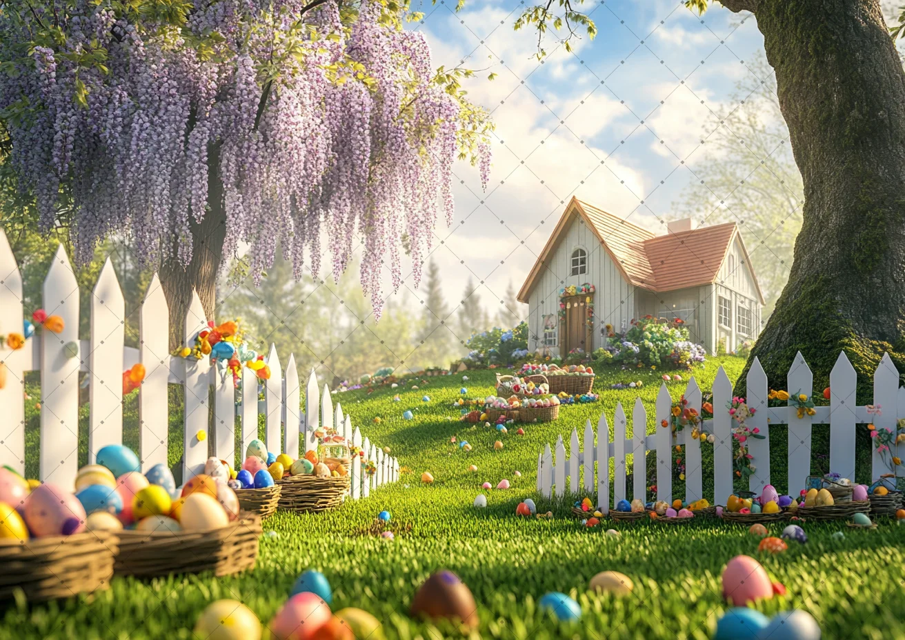 Easter Day Backdrop Spring Garden Easter Rabbit Colorful Eggs Cottage Photography Background Baby Birthday Party Decor Banner