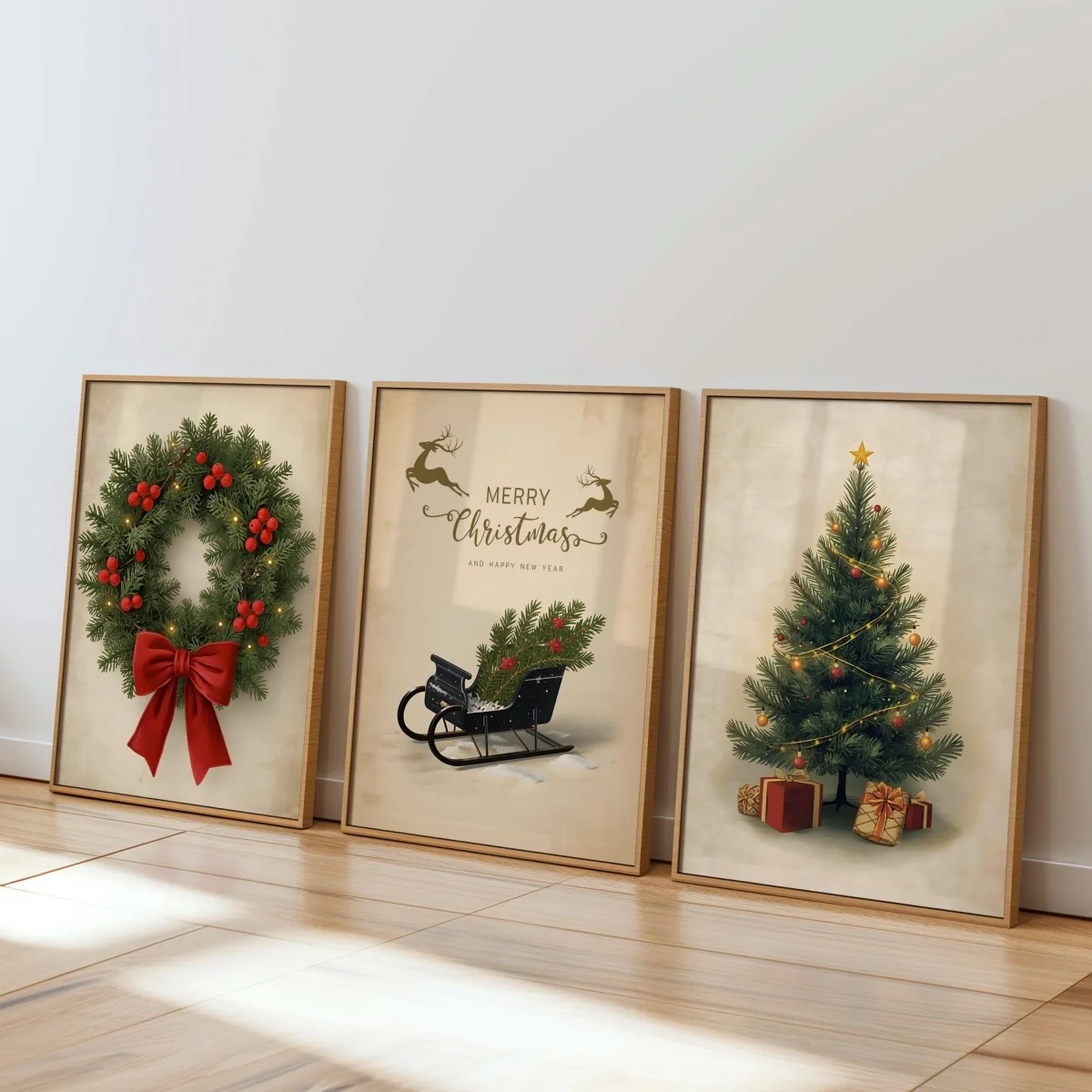 3pcs/set Vintage Winter Christmas Canvas Print Poster Farmhouse Christmas Tree Art Prints Living Room Bedroom Holiday Home Decor
