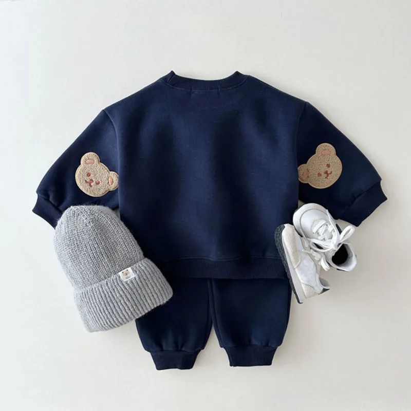 2024 New Kids Clothing Set Bear Embroidery Boys Sports Suit O-Neck Hoodie And Pants 2 Pcs Girls Clothes