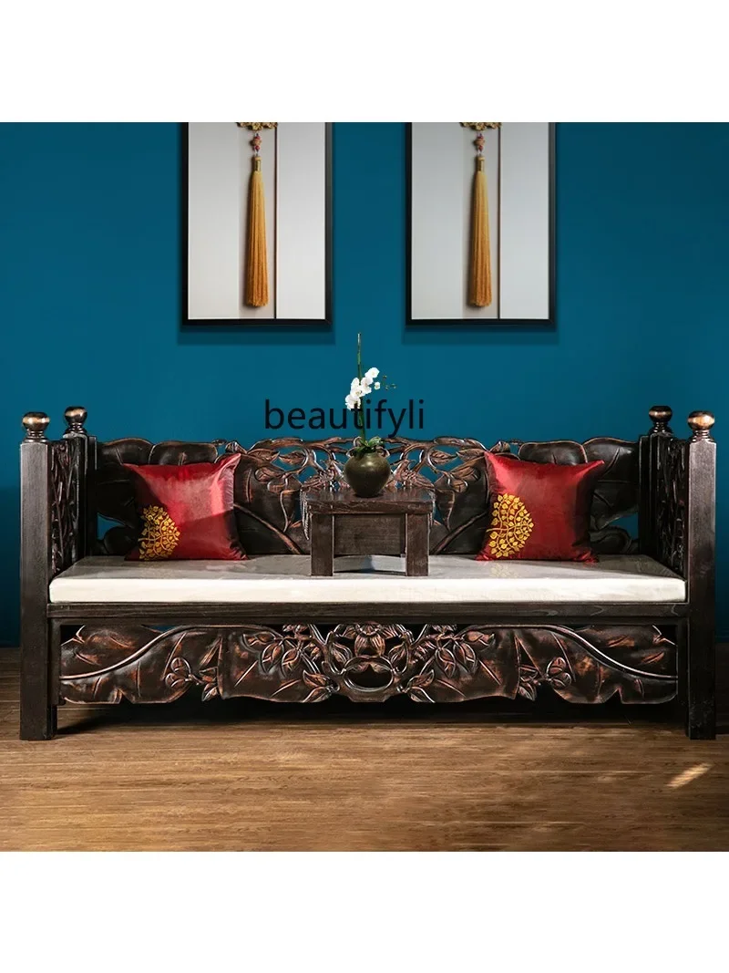 

07Furniture Elm Zen Chinese Carved Arhat Bed Thai Antique Solid Wood Sofa Bed