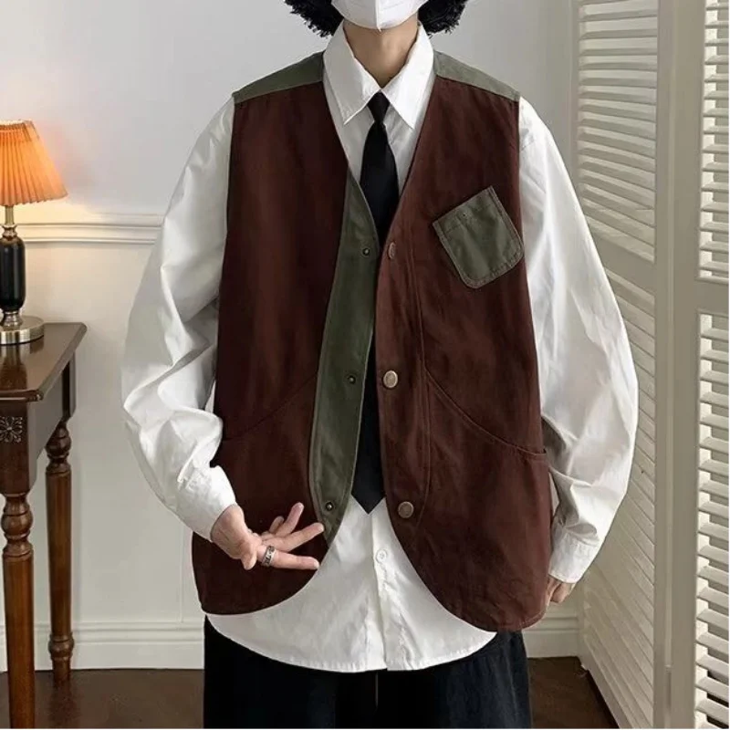 Hong Kong Style Retro Contrasting Work Vest Trendy Versatile Tops Men and Women Couples Loose Sleeveless Vest Jacket