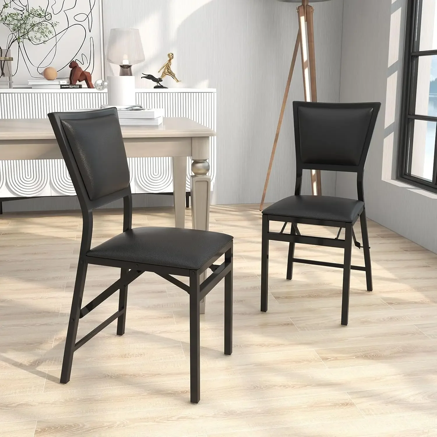 Folding Chairs Set of 2, Dining Chairs with Padded Seats, Sturdy Metal Frame, Floor Protectors, Space Saving Design,