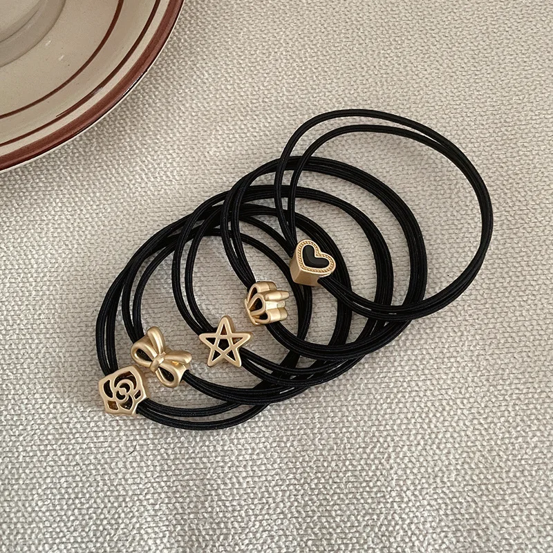 Fashion Alloy Heart Flower Pentagram Ornament Elastic Hair Bands Basic Black Brown Thin Rubber Bands High Elasticity Hair Ties