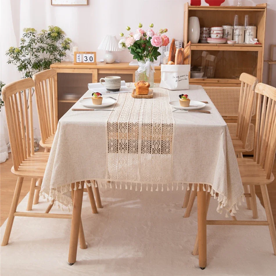 Linen blend Tablecloth,Splice Technology,Jute Rope Lace Dust-Proof Table Cover,for Kitchen Dinning Party Tea Table  Decoration