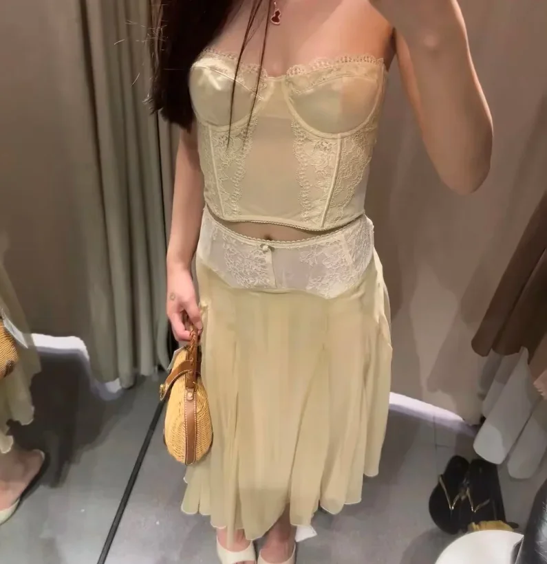 Lace Patchwork Pleated Skirt Female Mid-waist Mesh Double-layer Puffy Skirts Women's Summer 2026 Daily Casual Versatile Bottom