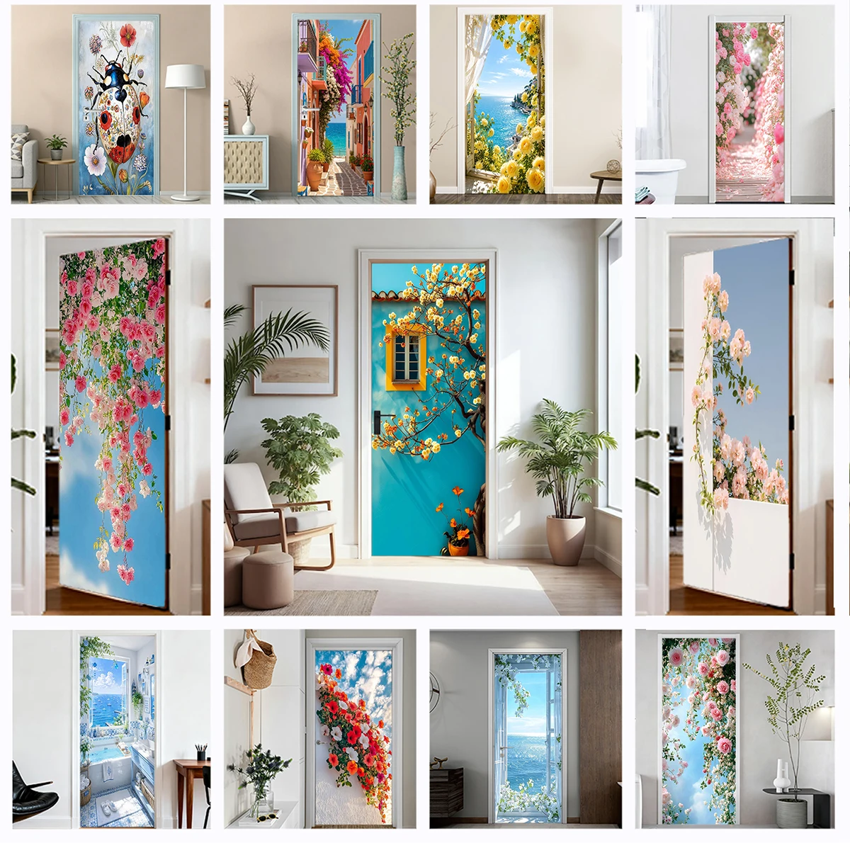 Floral Door Sticker, Self‑Adhesive Peel and Stick Removable Colorful Flower Sea View Mural, Scenery Decor for Home Door Decor
