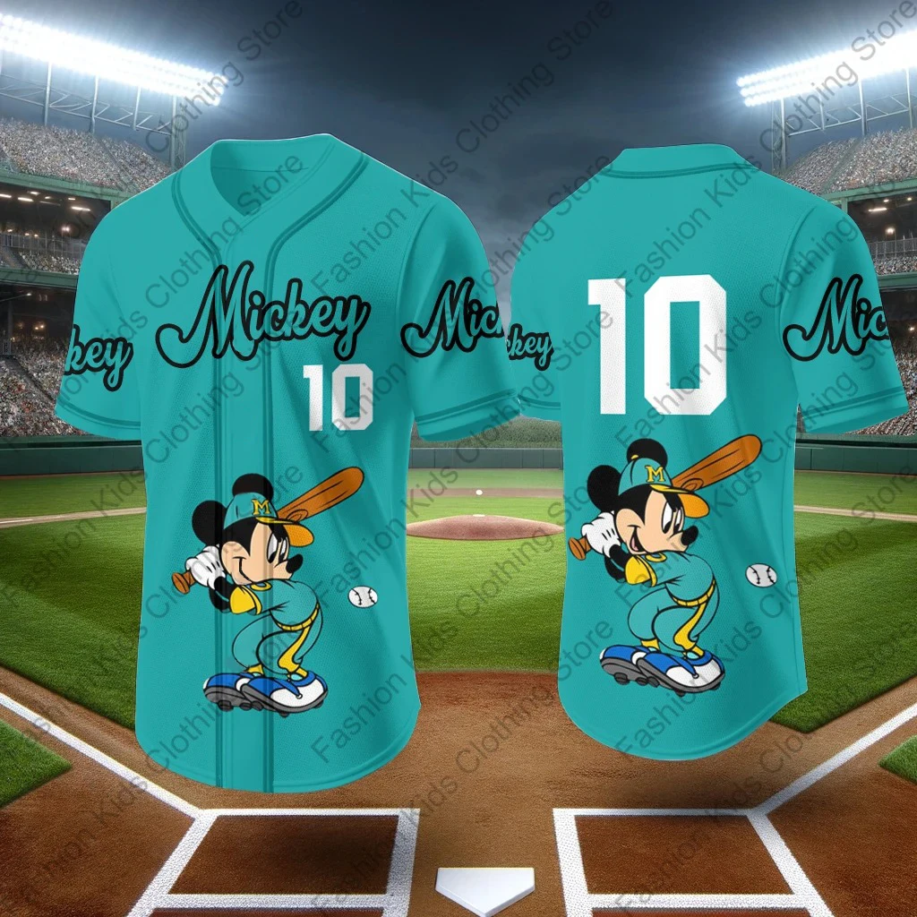 MINISO 2024 Baseball Jersey pattern T shirt Cute Mickey Mouse Print Kids Adults Fashion Cartoon Breathable Loose Tops Clothing