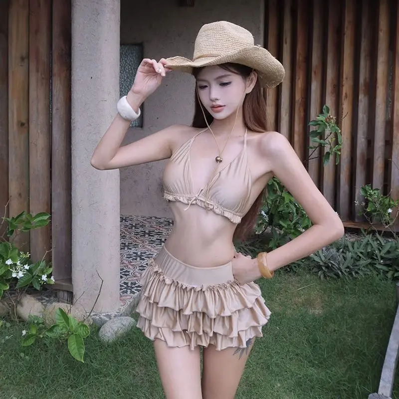 

Sweet Girl Tee-piece Separable Bikini Swimsuit Women Sexy Sensation Chest Meat Concealment Cake Skirt Vaion Hot Spring