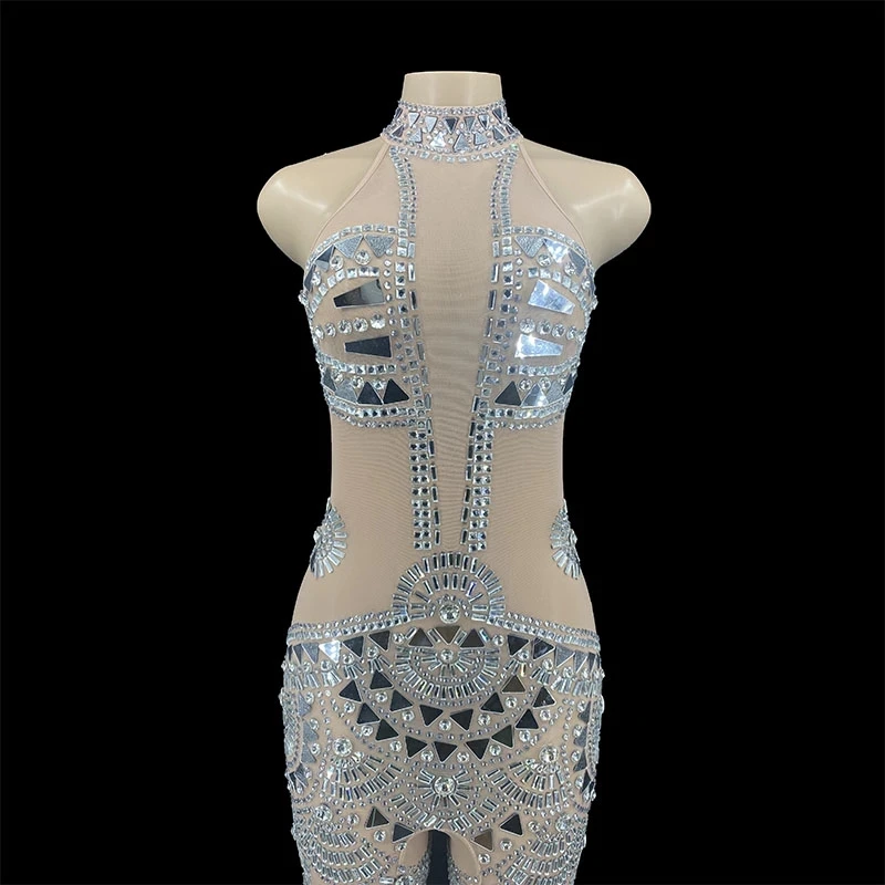 

Sparkly Silver glasses Mirror Big Rhinestones Women Wedding Birthday Celebrate Costume Transparent Evening bodysuit