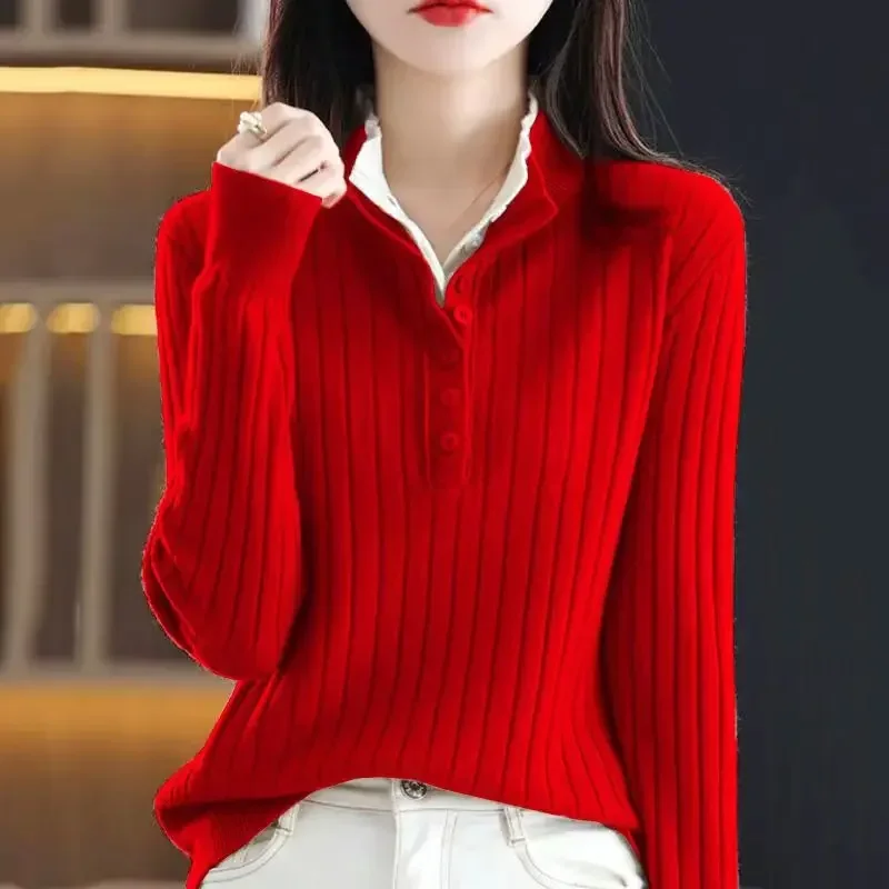 

New spring Winter Wool Sweater Women Fake Two Piece Stand Collar Knitted Pullover Korean Slim Femme Jumper Casual Wild Knit Tops