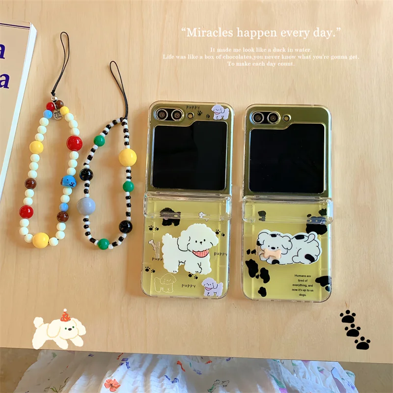 Cute Cartoon Dog Bracelet Phone Case For Samsung Galaxy Z Flip 3 4 5 6 Z Flip6 ZFlip6 Insert Cards Clear Shockproof Cover