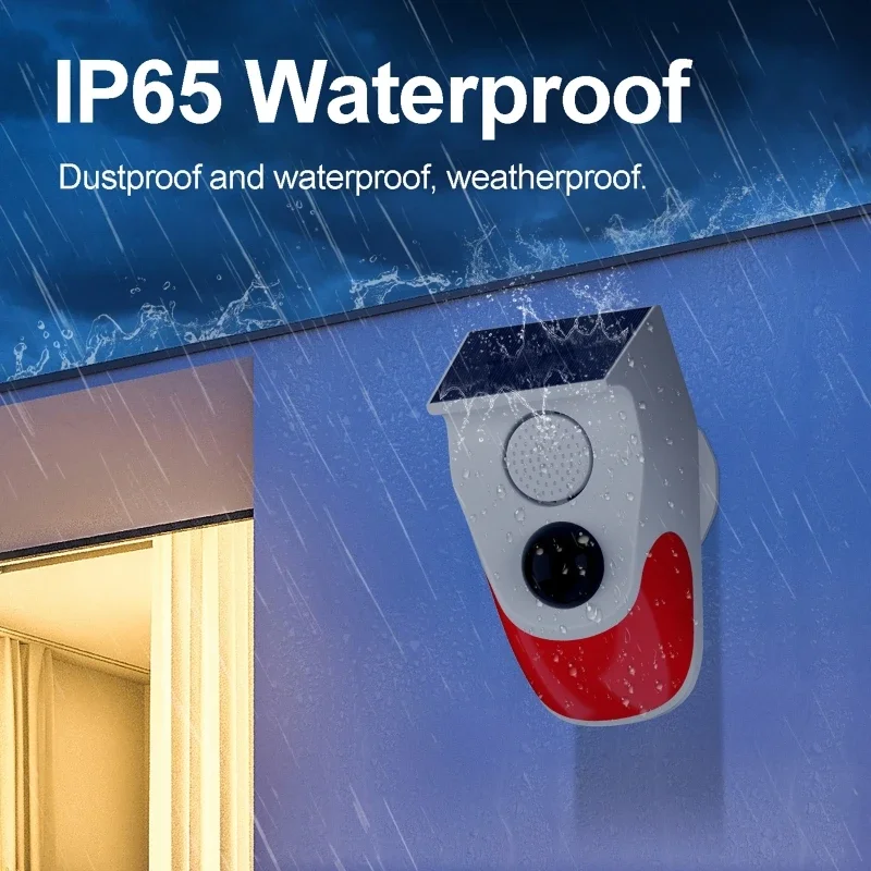 Solar Sound Light Alarm Wireless PIR Motion Sensor, Outdoor Battery 120dB Siren Sound Alert Flash Strobe Security Alarm System