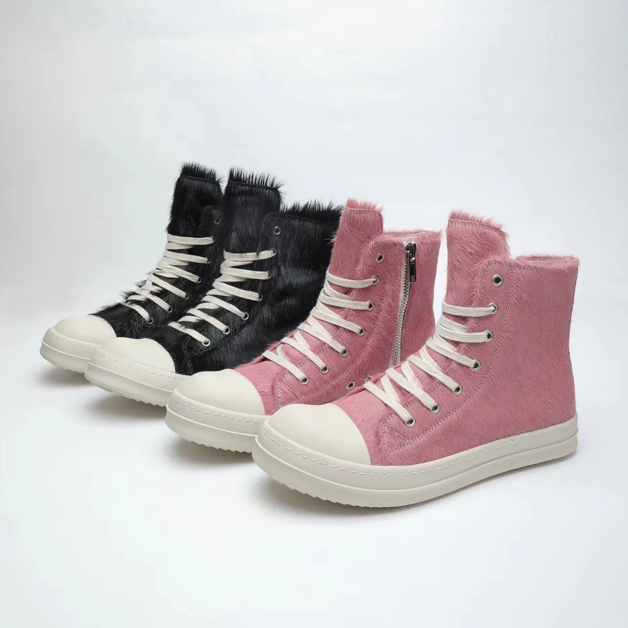 

Genuine Leather Horsehair High Top Ankle Boots Men Designer Platform Sneakers Pink Black Big Size 38-47