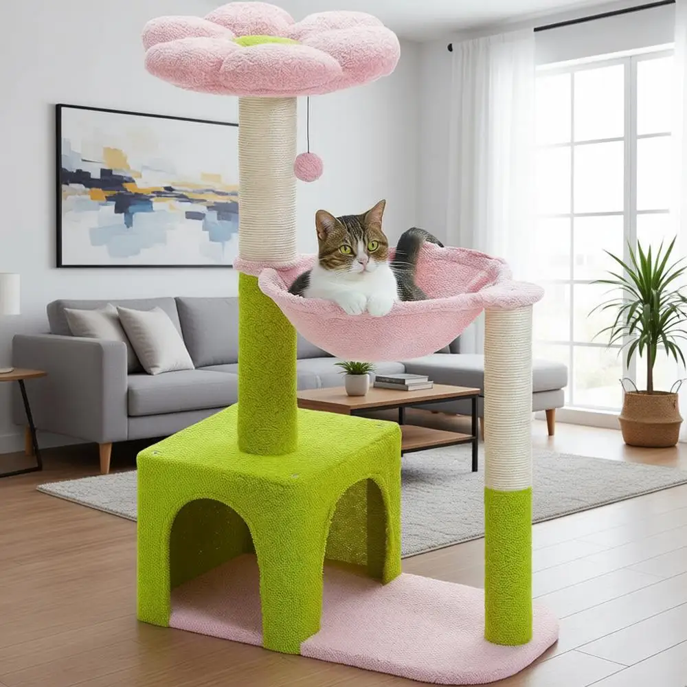 

Large Metal Frame Hammock Cat Tree, 35 Cute Tower with Sisal Posts for Small Indoor Cats, Condo with Pink Top Perch for Kittens,