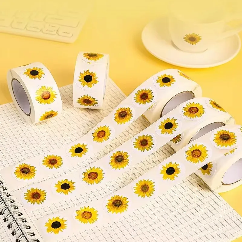 100-500PCS Sunflowers Stickers Packaging Stickers Roll Home Made Small Lables for  Pack Rolling Stickers Photocard Decor image 4