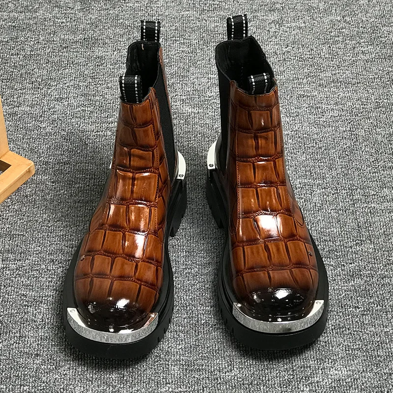 High Quality Mens Derby Boots High Top Metal Toe Cap Slip on Work Ankle Boots Chunky Sole Business Casual Shoes Fashion Footwear view 6