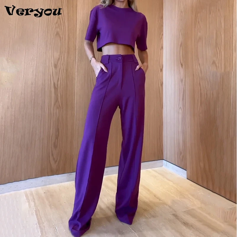 Women Round Neck Short Sleeve Suit Fashion Solid Top Loose With Pockets Pants Two Piece Sets Female Elegant Streetwear Outfits