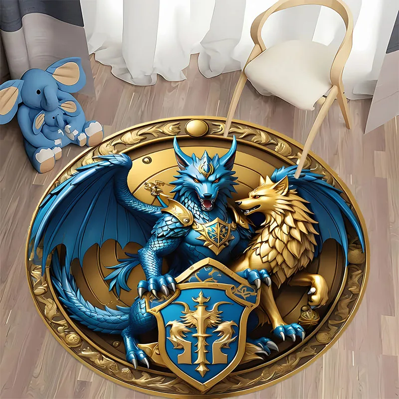 

Majestic Dragon and Wolf Round Fantasy Rug round carpet for home sofa bedroom, gift