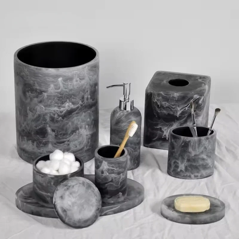 

New Design Black and white injected resin collection Modern bathroom soap dish marble effect resin bathroom accessories set