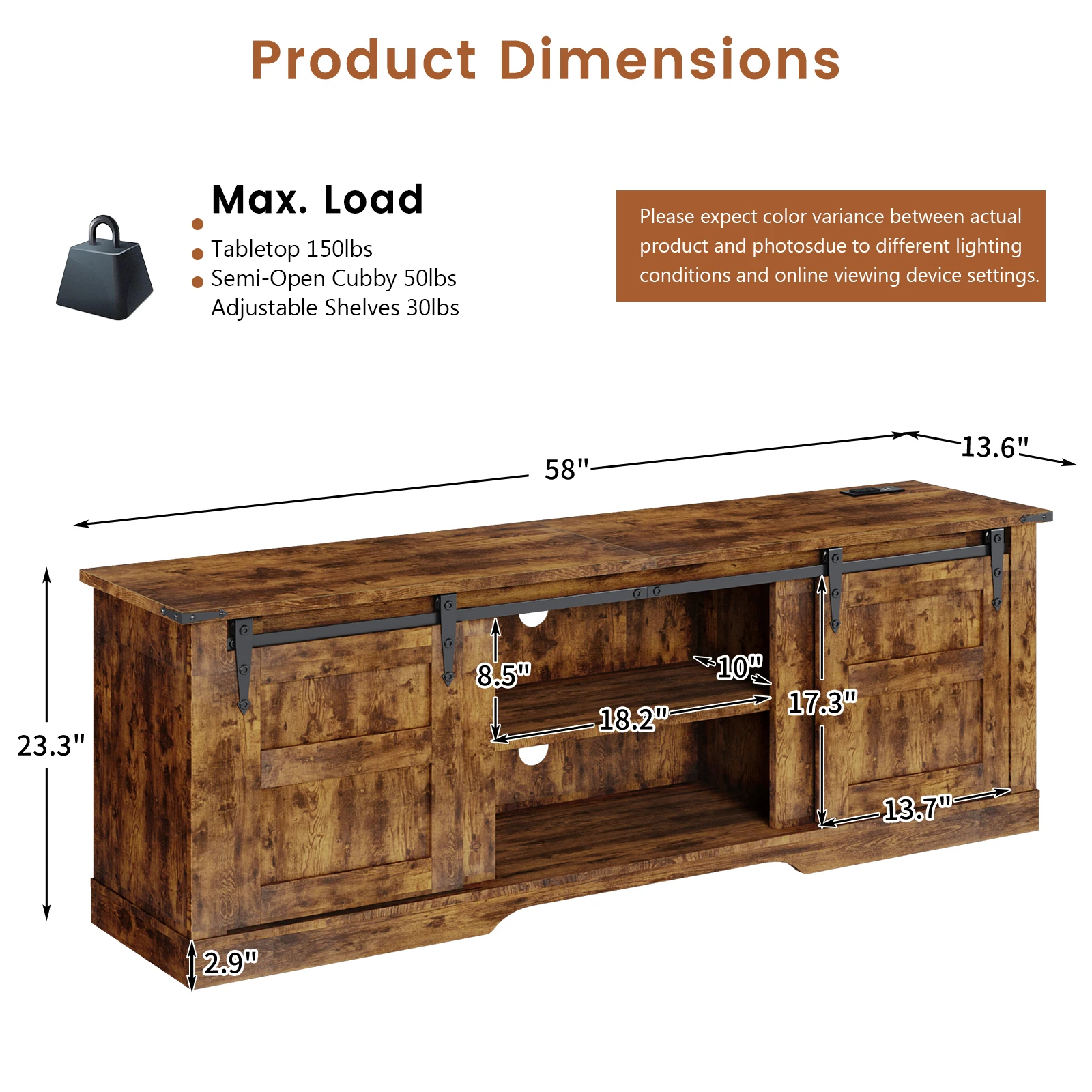 65” TV Entertainment Center with Storage Cabinets and Sliding Barn Doors, Rustic Media TV Console Table for Living Room image 2