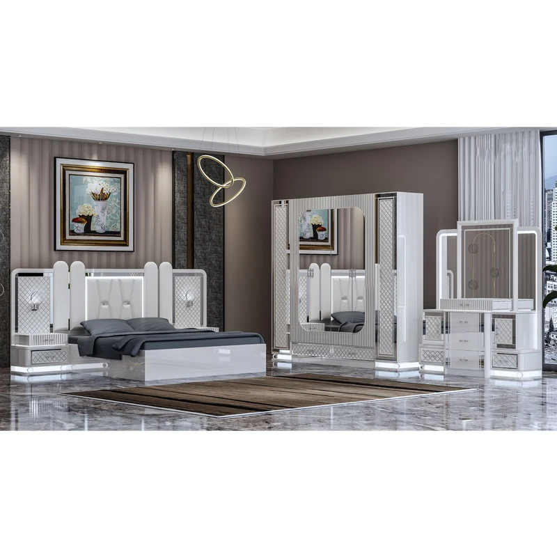 

&New Arrival Gloss White Color Modern Glass Mirror Bedroom Sets King Size Mirrored Bedroom Furniture Set With Led Lighting