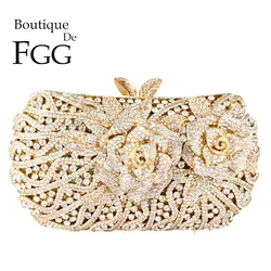 Boutique De FGG Women Gold Evening Bags and Clutches Bridal Flower Rhinestone Handbags Party Cocktail Dinner Minaudiere Purse