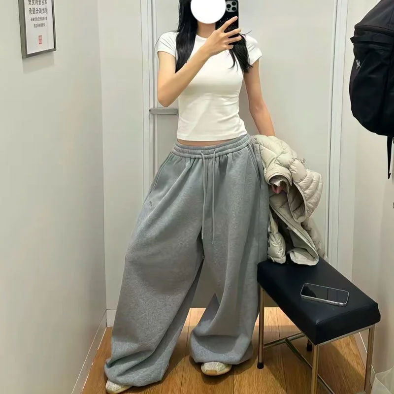 Retro Lazy Style Wide Leg Sweatpants Loose Sporty Floor-Length Trousers Autumn Winter Casual Comfortable Long Pants - view 3
