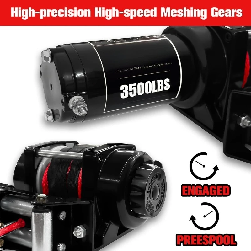 ونش ATV بوزن 3500 رطل مع حبل صناعي أحمر - ونش كهربائي IP68 مقاوم للماء 12 فولت لسحب مقطورة القارب