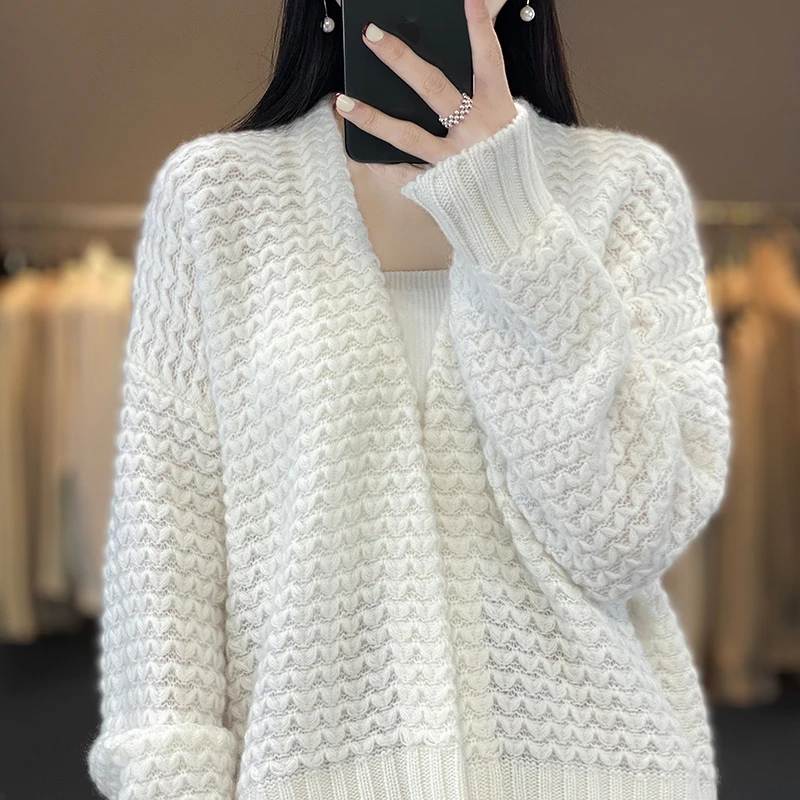 

23 Autumn and Winter New 100% Pure Cashmere Cashmere Cardigan Women's Loose Knit Sweater Cashmere Thick Sweater