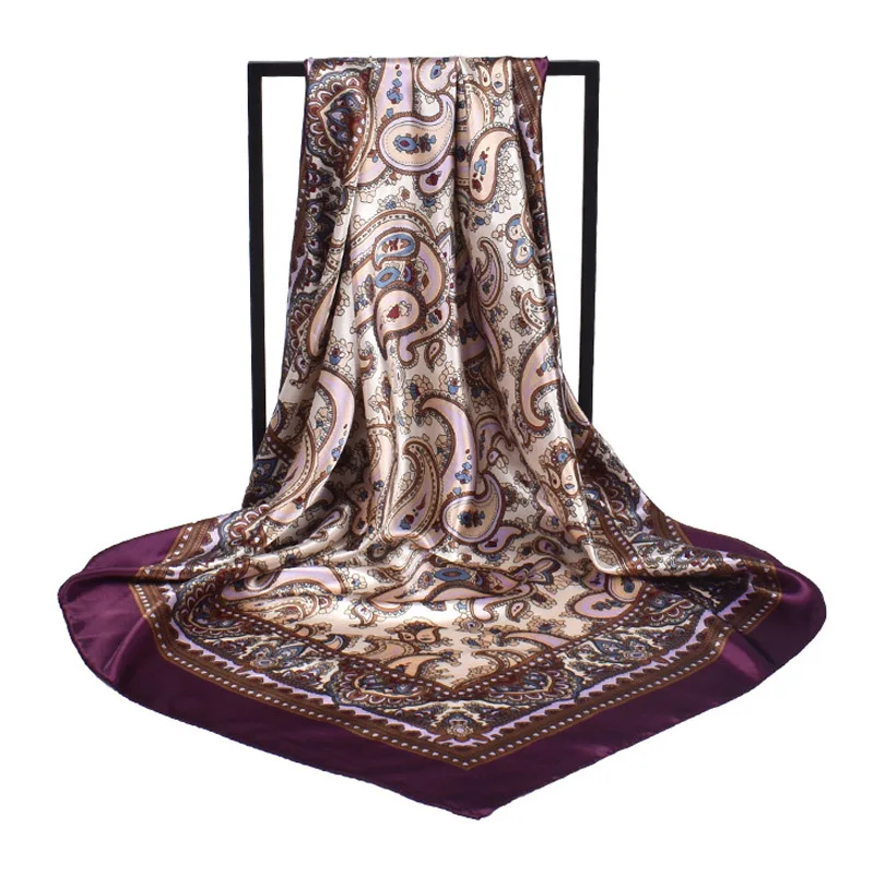 90X90cm Kopf Schal Frauen Luxus Marke Seide Quadrat Schal Foulard Satin Bandana Weiche Halstuch Hijab Haar Schals für Damen – Detail 17
